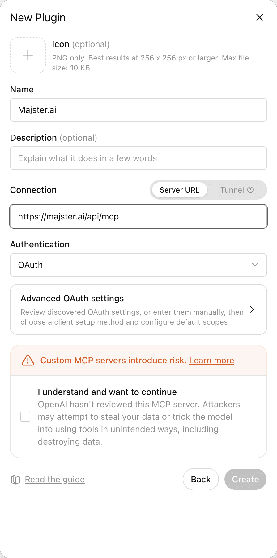 Skutečný formulář ChatGPT Create MCP App s adresou Majster.ai a volbou OAuth