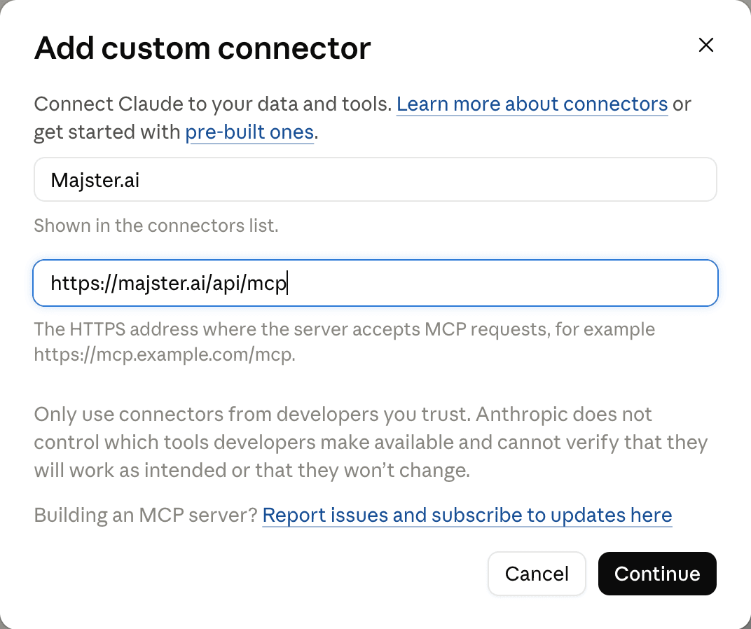 Skutečný formulář Claude pro přidání konektoru Majster.ai s veřejnou adresou MCP serveru